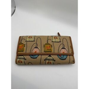 Fossil Birdcage Print Canvas Trifold Wallet Womens Tan Blue Leather Trim
